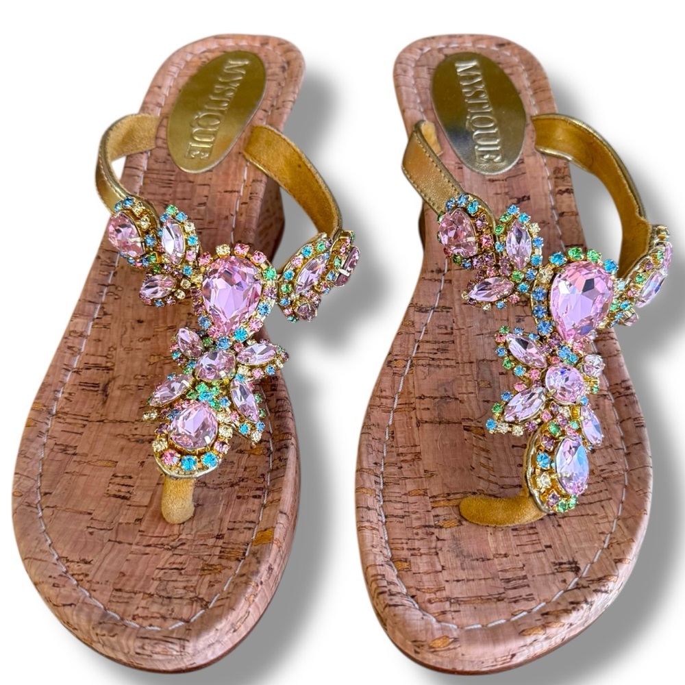 Mystique Wedge pink crystal beaded sandal size 9